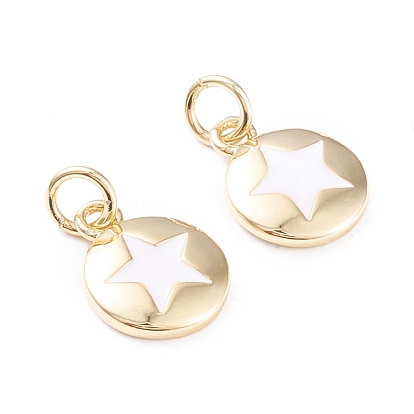 Brass Enamel Charms, with Jump Rings, Long-Lasting Plated, Flat Round with Star