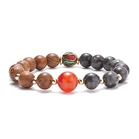 Bracelet extensible en bois de wengé naturel, larvikite et cornaline (teint), bijoux en perles d'indonésie faits à la main pour femmes