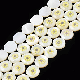 Natural Freshwater Shell Enamel Beads, Flat Round with Flower