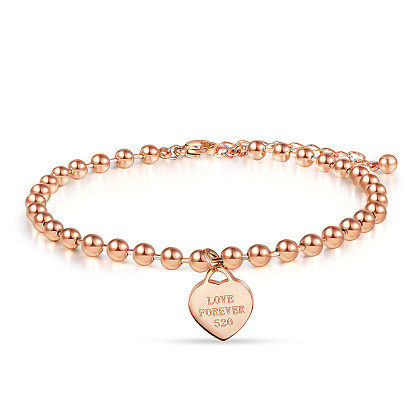 SHEGRACE Titanium Steel Charm Anklets for Valentine's Day, with Ball Chains and Lobster Claw Clasps, Heart with Word Love Forever 520