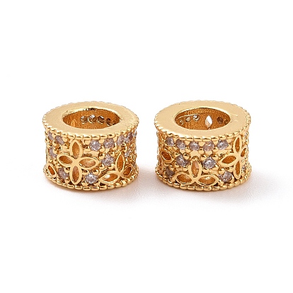 Brass Rhinestone European Beads, Large Hole Beads, Long-Lasting Plated, Column with Flower