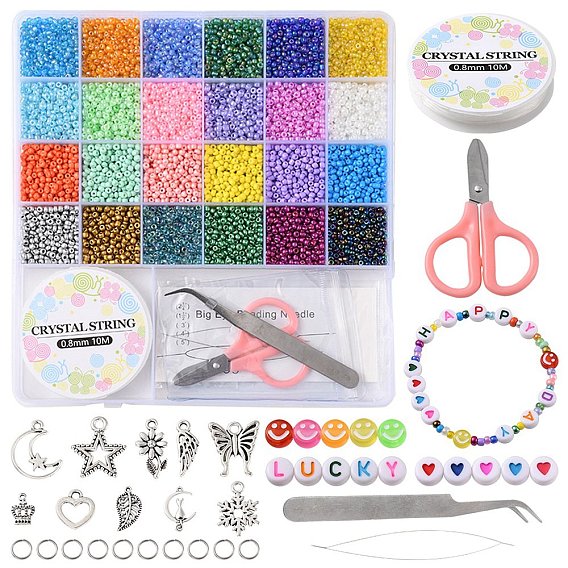 DIY Bracelet Making Kit, Including Glass Seed Round & Acrylic Flat Round with Heart Beads, Snowflake & Moon & Star & Crown Alloy Pendants, Scissors & Tweezers