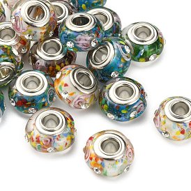 Handmade Lampwork European Beads, with Rhinestone, Large Hole Rondelle Beads, with Platinum Tone Brass Double Cores, Rondelle