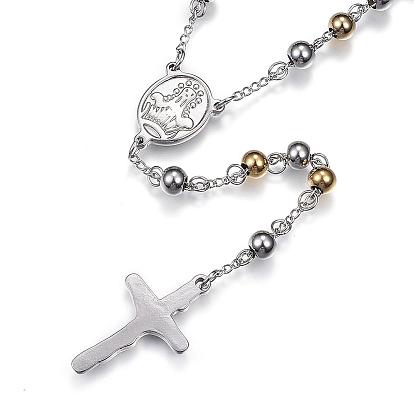 201 Stainless Steel Rosary Bead Necklaces, with Cross Pendant and Lobster Claw Clasps