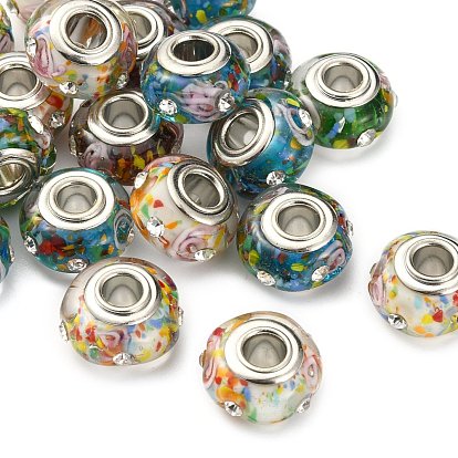 Handmade Lampwork European Beads, with Rhinestone, Large Hole Rondelle Beads, with Platinum Tone Brass Double Cores, Rondelle