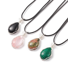 4Pcs 4 Style Natural & Synthetic Mixed Gemstone Teardrop Pendant Necklaces Set with Waxed Cords for Women
