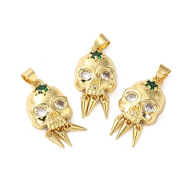 Rack Plating Brass Pave Cubic Zirconia Pendants, Lead Free & Cadmium Free, Real 18K Gold Plated, Long-Lasting Plated, Skull Charm