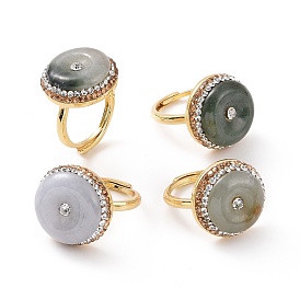Adjustable Natural Myanmar Jade/Burmese Jade Donut Ring with Rhinestone, Golden Brass Wide Ring for Women