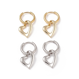 2 Pairs 2 Colors Brass Heart Dangle Hoop Earrings, 304 Stainless Steel Jewelry for Woman