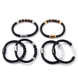 Round Gemstone Bead Bracelets, Braided Leather Cord Bracelets with 304 Stainless Steel Magnetic Clasps, for Men Women