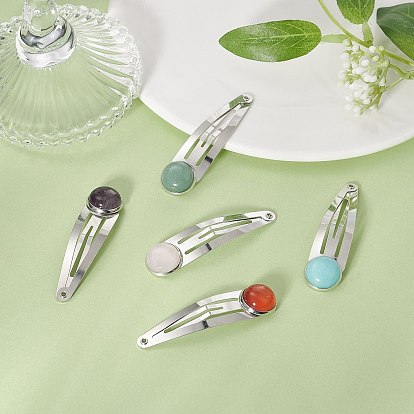 Iron Snap Hair Clips, with Natural Gemstone Half Round/Dome Cabochons for Woman Girls