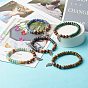 Reiki Natural Mixed Stone & Wenge Wood Beads Stretch Bracelet, Leaf Alloy Charm Bracelet for Girl Women