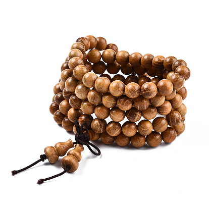 4-Loop Wrap Style Buddhist Jewelry, Gold Sandalwood Mala Bead Bracelets/Necklaces, Round, Gourd