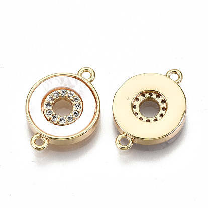 Brass Micro Pave Clear Cubic Zirconia Links Connectors, with White Sea Shell, Nickel Free, Flat Round