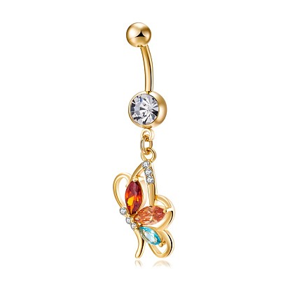 Brass Cubic Zirconia Navel Ring, Belly Rings, with 304 Stainless Steel Bar, Cadmium Free & Lead Free, Butterfly