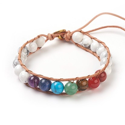 Cordon de pierres précieuses bracelets perlés, pierre mixte naturelle et synthétique, avec cordon en cuir et fermoirs en alliage, ohm, Or antique