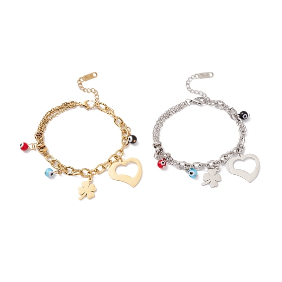 Round Evil Eye Lampwork & Heart & Clover Charm Bracelet with 304 Stainless Steel Chain for Women