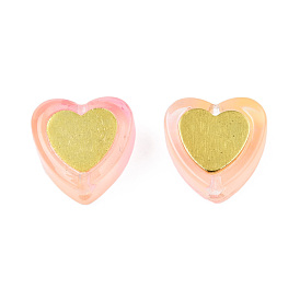 Transparent Spray Painted Glass Beads, with Golden Plated Brass Findings, Heart