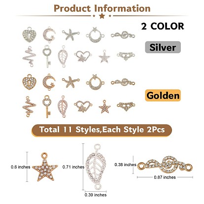 Kit de búsqueda de fabricación de joyas de bricolaje, Incluye conector de amuleto de eslabones de aleación., encantos de bronce, con diamantes de imitación de cristal, estrella y estrella de mar y hoja y luna y estrella y nota musical