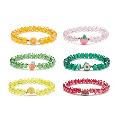 6 pcs 6 style orange & avocat & ananas & pastèque & citron ensemble de bracelets extensibles en argile polymère, bracelets empilables en perles de verre bling pour femmes