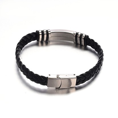 Jewelry Black Color PU Leather Cord Bracelets, with 304 Stainless Steel Findings and Watch Band Clasp, Rectangle, 220x10mm