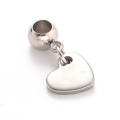 Corazón 304 encantos colgantes europeos de gran agujero de acero inoxidable, 20 mm, agujero: 4 mm