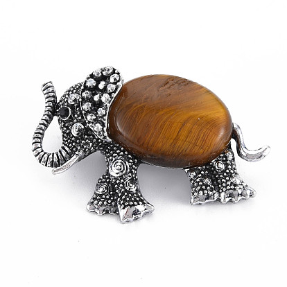 Elephant Alloy Brooch, Natural Tiger Eye Lapel Pin with Loop for Backpack Clothes Pendant Jewelry, Cadmium Free & Lead Free, Antique Silver