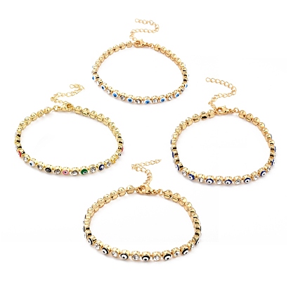 Flat Round with Evil Eye Link Chain Bracelet, Clear Cubic Zirconia Tennis Bracelet, Brass Jewelry for Women, Golden