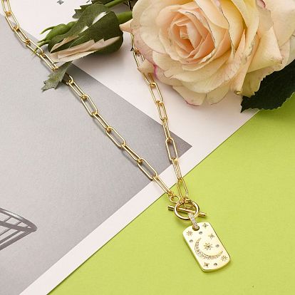 Brass Micro Pave Clear Cubic Zirconia Pendant Necklaces, with Brass Paperclip Chains and 304 Stainless Steel Toggle Clasps, Oval with Moon & Star