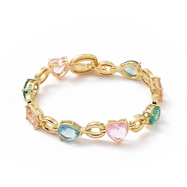 Bracelet chaîne à maillons coeur & rectangle & larme avec zircone cubique colorée, bijoux en laiton pour femmes