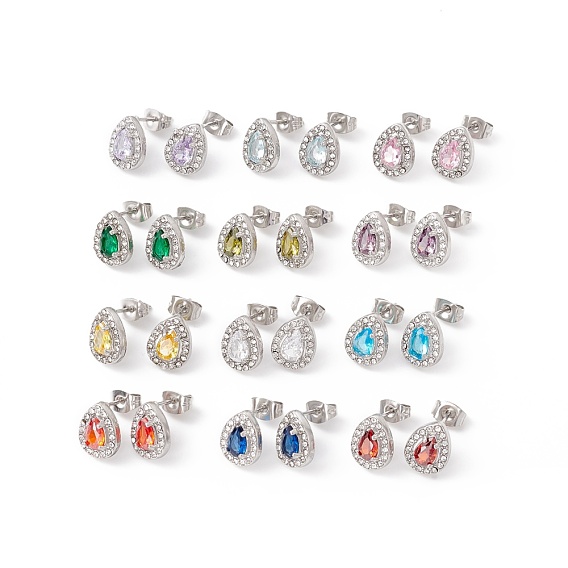 Cubic Zirconia & Rhinestone Teardrop Stud Earrings, Stainless Steel Color Plated 304 Stainless Steel Jewelry for Women