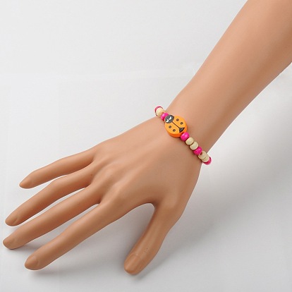 Bracelets de bois extensibles pour enfants, Les cadeaux de jour pour enfants, avec la couleur aléatoire perles de coccinelle, 45mm