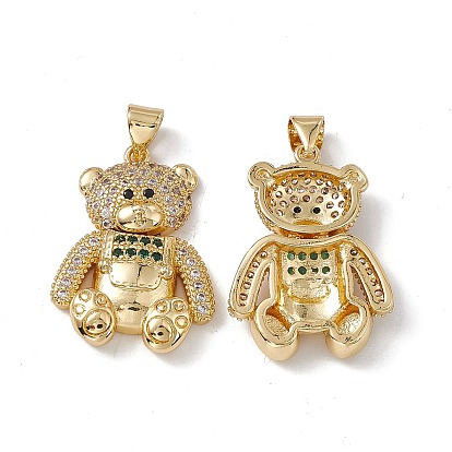 Brass Micro Pave Cubic Zirconia Pendants, Bear Charm, Real 18K Gold Plated