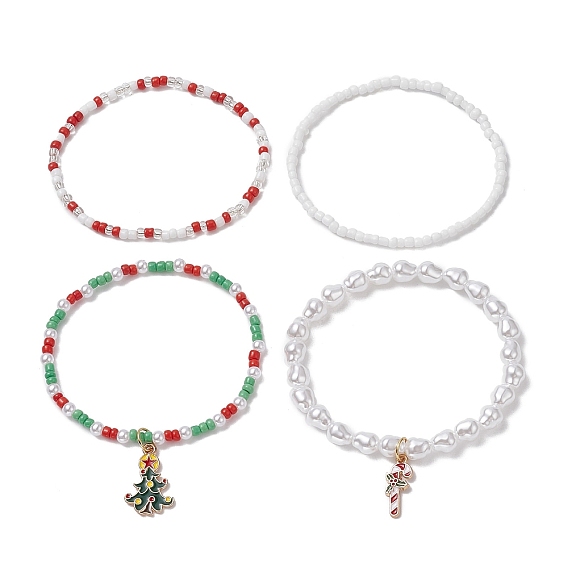 4 pcs 4 ensemble de bracelets extensibles en perles de verre et perles de rocaille, arbre de noël et canne en bonbon alliage émail charmes bracelets empilables pour les femmes