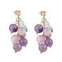 Grape and Leaf Dangle Stud Earrings, Natural Amethyst & Kunzite Beads Cluster Earrings, Drop Earrings for Women, Golden