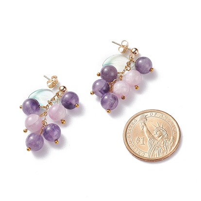 Boucles d'oreilles pendantes raisin et feuille, boucles d'oreilles en améthyste naturelle et perles de kunzite, boucles d'oreilles pendantes pour femmes, or