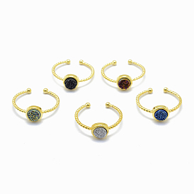 Electroplate Natural Druzy Agate Cuff Finger Rings, with Brass Findings