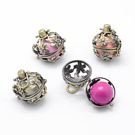 Rack Plating Brass Cage Pendants, Chime Ball Pendants, with Brass Bell Beads, Lead Free & Cadmium Free, Flower