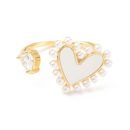 Clear Cubic Zirconia Heart Open Cuff Ring with Shell, Brass Jewelry for Women, Cadmium Free & Lead Free