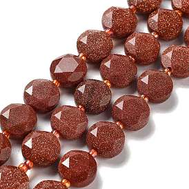 Synthetic Goldstone Beads Strands, with Seed Beads, Faceted Hexagonal Cut, Flat Round