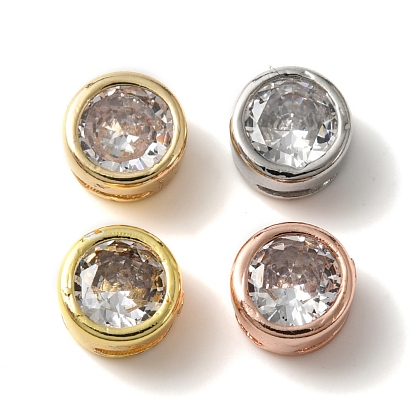 Rack Plating Brass Micro Pave Cubic Zirconia Slide Charms, Cadmium Free & Lead Free, Long-Lasting Plated, Flat Round