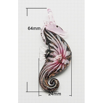  Gros pendentifs à chalumeau manuels, fleur intérieure, cheval de mer, 24x64x10.5mm, Trou: 6mm