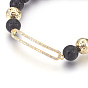 Stretch Bracelets, with Long-Lasting Plated Electroplated Natural Lava Rock, Natural Lava Rock and Brass Cubic Zirconia Beads, Rectangle