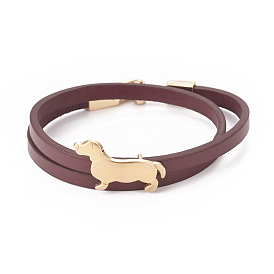 Bracelets en cuir imitation chiot, 2-boucles, avec breloques et fermoirs latéraux en alliage de chien de saucisse / teckel