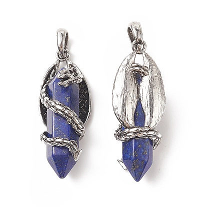 Gemstone Pointed Pendants, Faceted Bullet Charms with Antique Silver Tone Alloy Dragon Wrapped