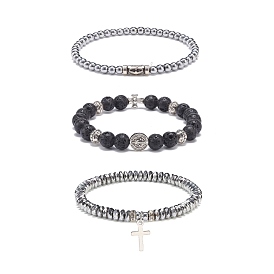 3Pcs 3 Style Natural Lava Rock & Synthetic Hematite Stretch Bracelets Set, Brass Cross Charm Bracelets for Men Women