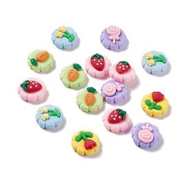 Opaque Resin Cabochons, Flat Round with Flower & Lollipop & Strawberry & Carrot