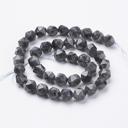 Brins de perles de larvikite noires naturelles, facette, ronde