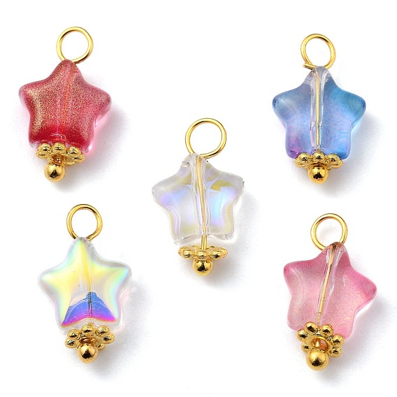 Electroplate Glass Charms, with Glitter Powder, Brass Findings and Alloy Spacer Beads, Star