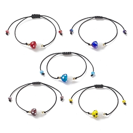5Pcs 5 Color Lampwork Mushroom Braided Bead Bracelets, Adjustable Stackable Bracelets for Women